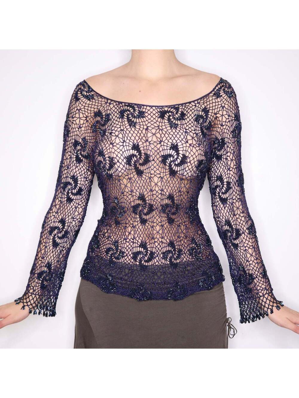 Y2K Navy Beaded Crochet Top (L/XL)